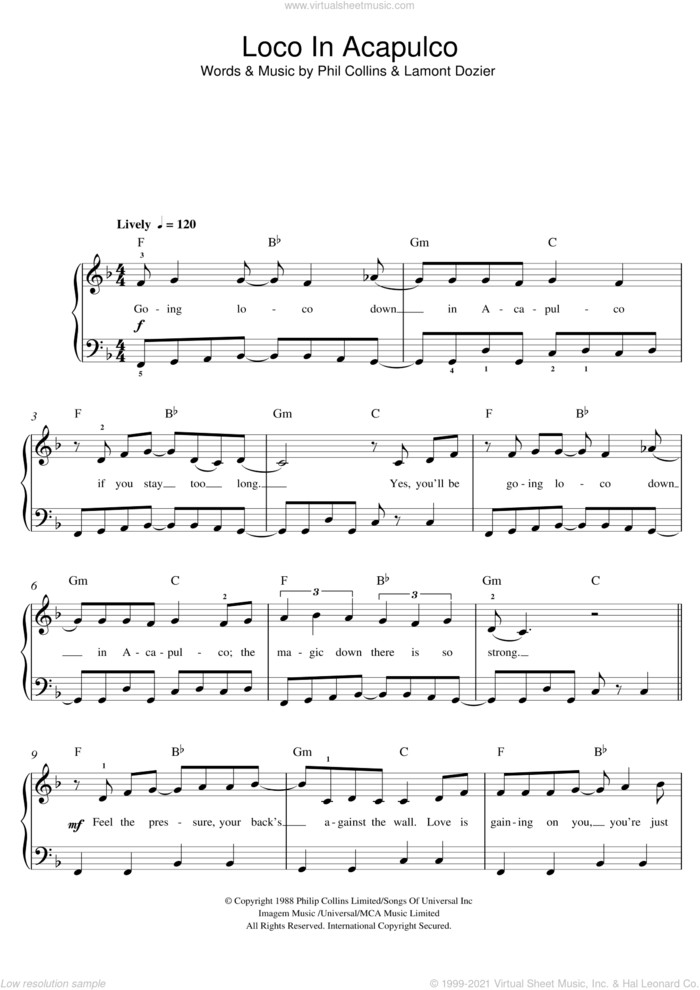 Loco In Acapulco sheet music for piano solo (beginners) by The Four Tops, Lamont Dozier and Phil Collins, beginner piano (beginners)