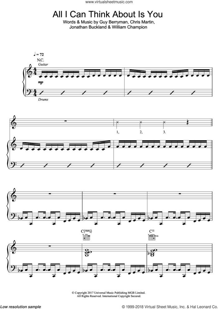 All I Can Think About Is You sheet music for voice, piano or guitar by Coldplay, Chris Martin, Guy Berryman, Jonathan Buckland and William Champion, intermediate skill level