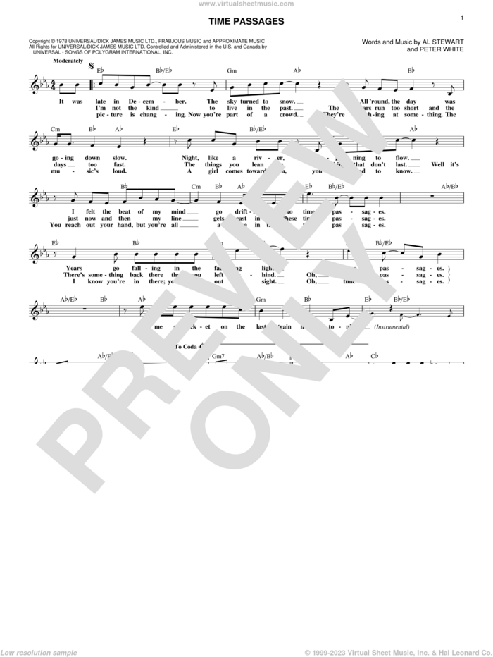 Time Passages sheet music for voice and other instruments (fake book) by Al Stewart and Peter White, intermediate skill level