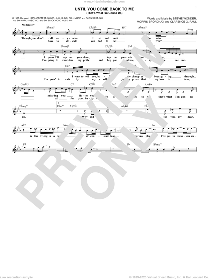 Until You Come Back To Me (That's What I'm Gonna Do) sheet music for voice and other instruments (fake book) by Aretha Franklin, Clarence O. Paul, Morris Broadnax and Stevie Wonder, intermediate skill level