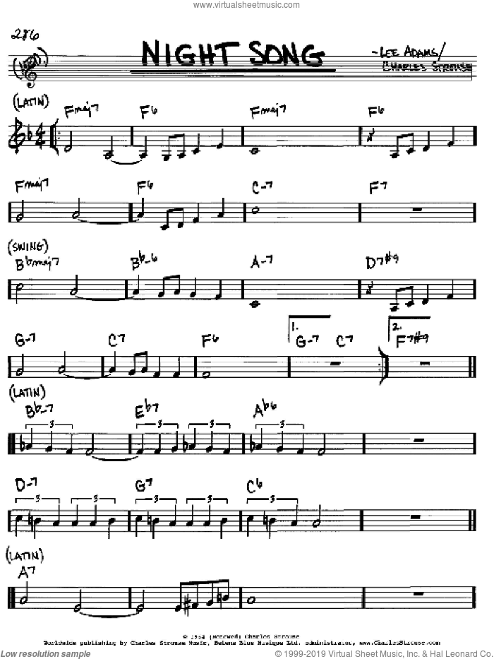 Night Song sheet music for voice and other instruments (in C) by Charles Strouse and Lee Adams, intermediate skill level