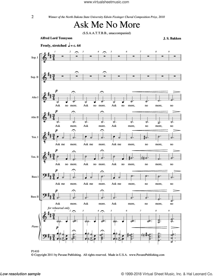 Ask Me No More sheet music for choir (SSAATTBB) by J.S. Bakken and Alfred Lord Tennyson, intermediate skill level