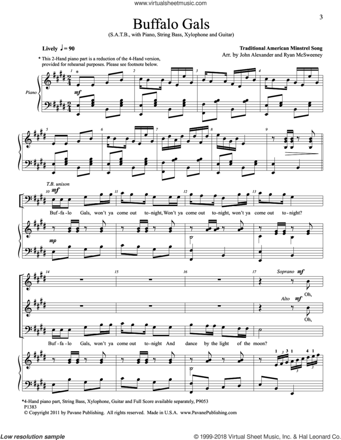 Buffalo Gals sheet music for choir (SATB: soprano, alto, tenor, bass) by John Alexander and Ryan McSweeney, intermediate skill level