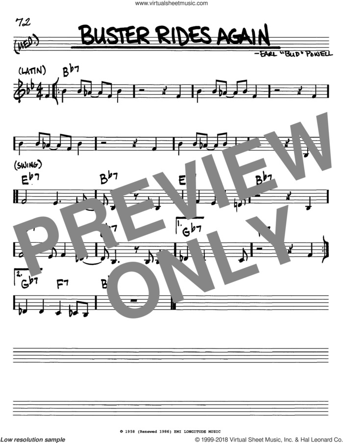 Buster Rides Again sheet music for voice and other instruments (in C) by Bud Powell, intermediate skill level
