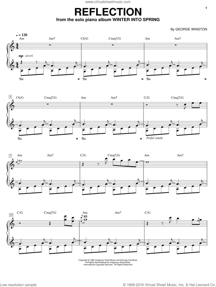 Reflection sheet music for piano solo by George Winston, intermediate skill level