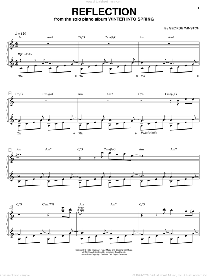 Reflection sheet music for piano solo by George Winston, intermediate skill level