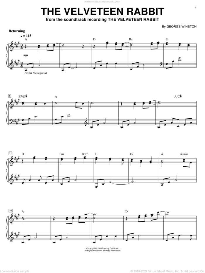 The Velveteen Rabbit sheet music for piano solo by George Winston, intermediate skill level
