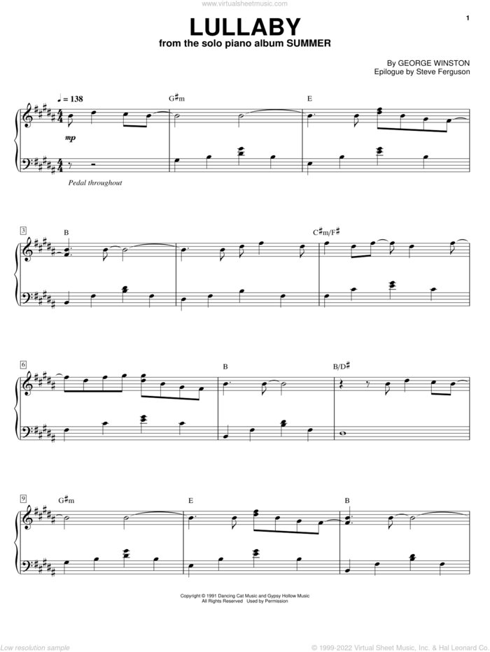 Lullaby, (intermediate) sheet music for piano solo by George Winston, intermediate skill level