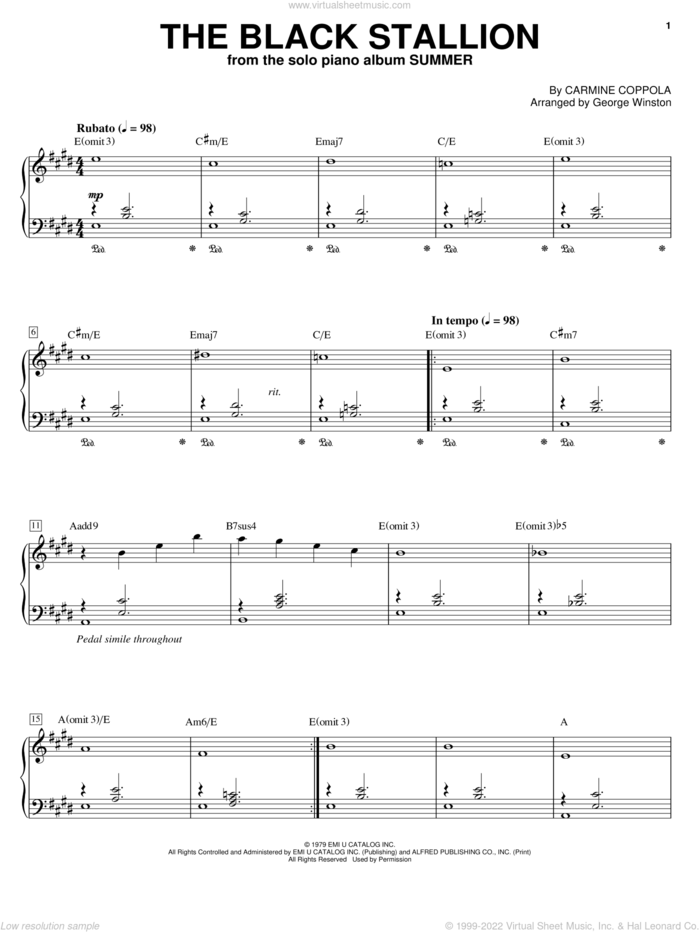 The Black Stallion sheet music for piano solo by George Winston and Carmine Coppola, intermediate skill level