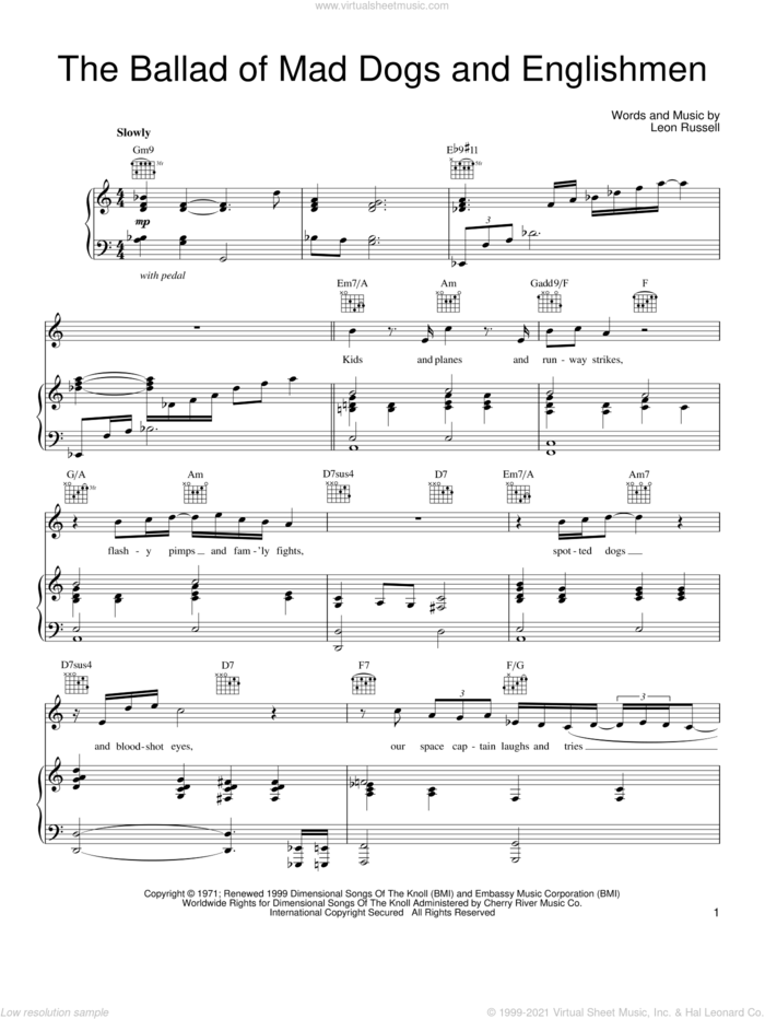 The Ballad Of Mad Dogs And Englishmen sheet music for voice, piano or guitar by Leon Russell, intermediate skill level