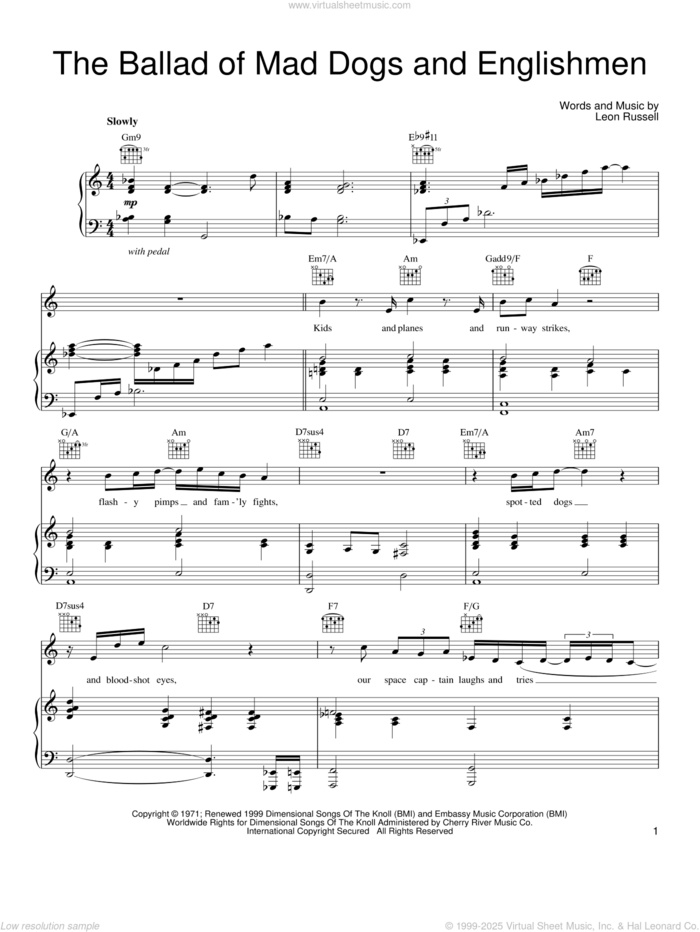 The Ballad Of Mad Dogs And Englishmen sheet music for voice, piano or guitar by Leon Russell, intermediate skill level