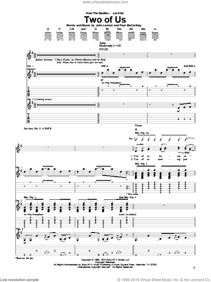 Two Of Us sheet music for guitar (tablature) by The Beatles, John Lennon and Paul McCartney, intermediate skill level