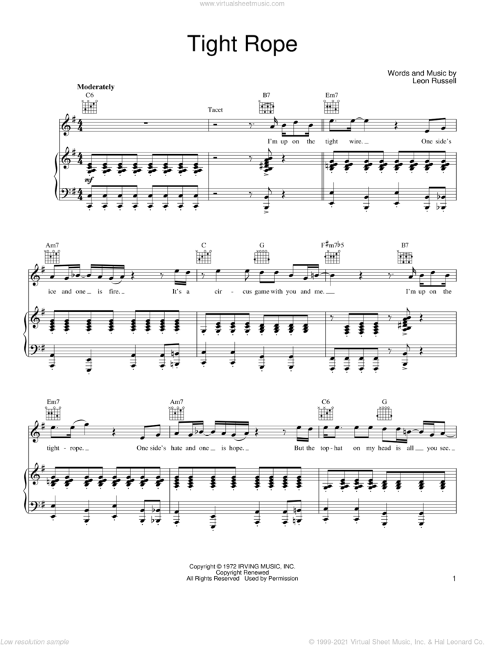Tight Rope sheet music for voice, piano or guitar by Leon Russell, intermediate skill level