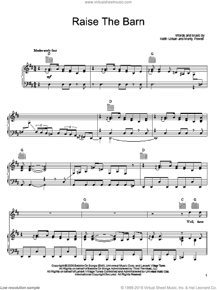 Raise The Barn sheet music for voice, piano or guitar by Keith Urban featuring Ronnie Dunn, Ronnie Dunn, Keith Urban and Monty Powell, intermediate skill level