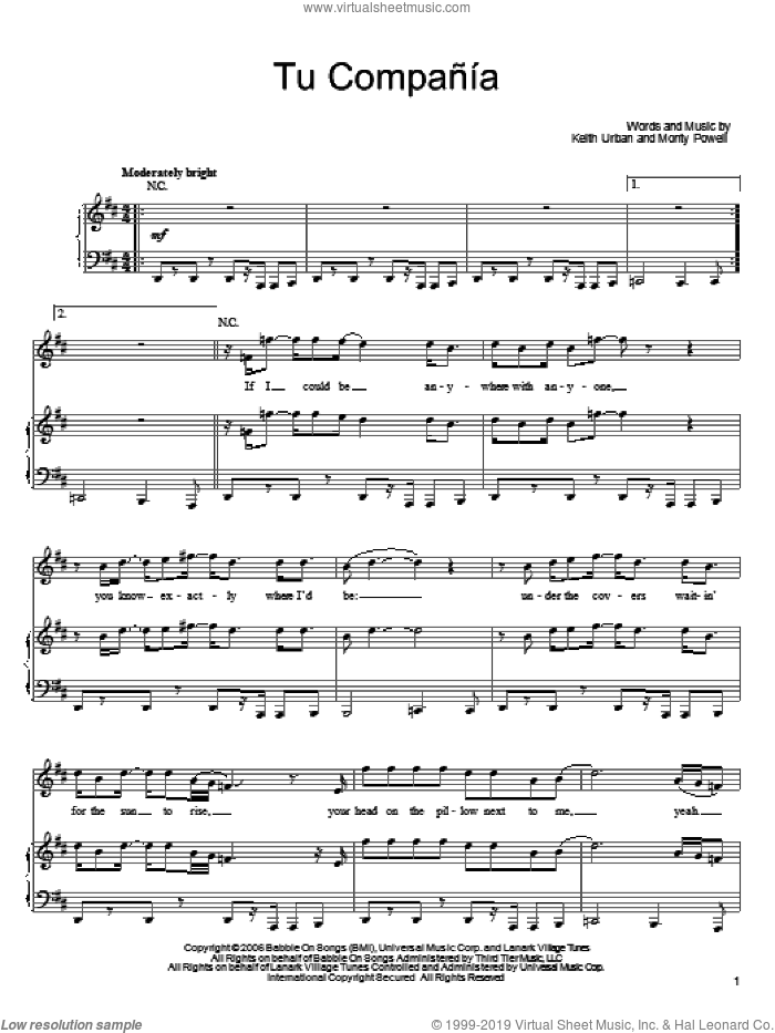 Tu Compania sheet music for voice, piano or guitar by Keith Urban and Monty Powell, intermediate skill level