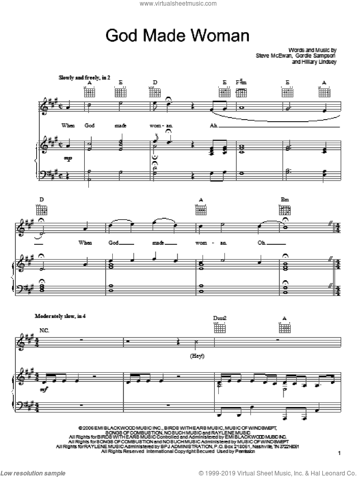 God Made Woman sheet music for voice, piano or guitar by Keith Urban, Gordie Sampson, Hillary Lindsey and Steve McEwan, intermediate skill level