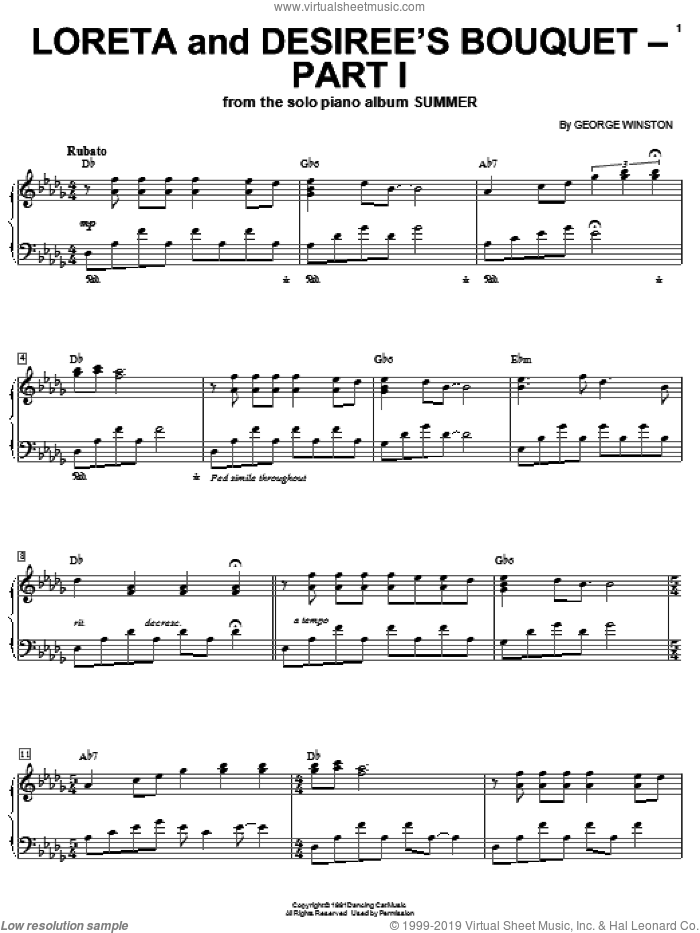 Loreta And Desiree's Bouquet-Part 1 sheet music for piano solo by George Winston, intermediate skill level