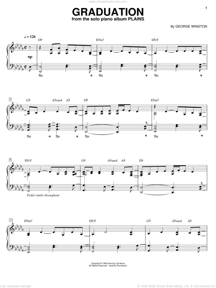 Graduation sheet music for piano solo by George Winston, intermediate skill level