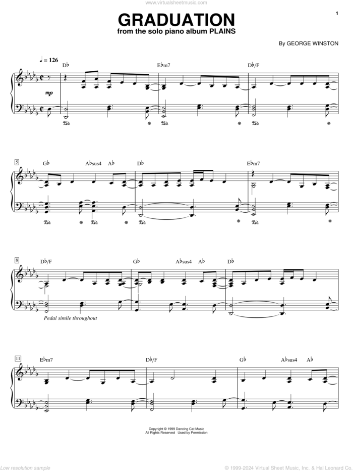 Graduation sheet music for piano solo by George Winston, intermediate skill level