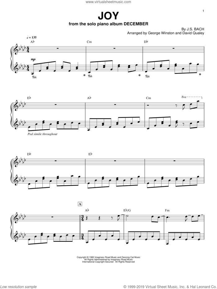 Joy, (intermediate) sheet music for piano solo by George Winston and David Qualey, intermediate skill level