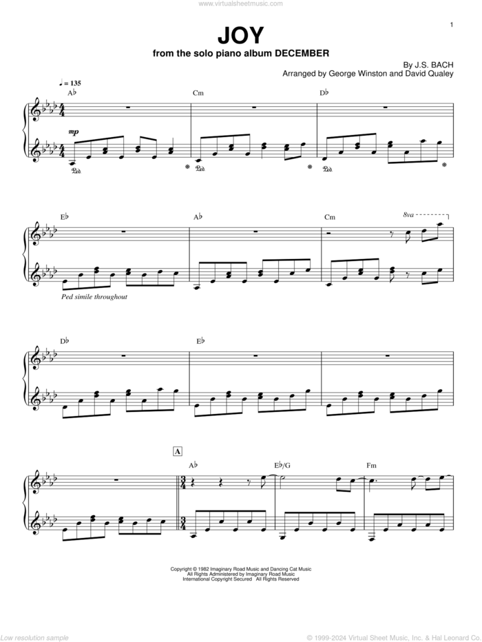 Joy, (intermediate) sheet music for piano solo by George Winston and David Qualey, intermediate skill level