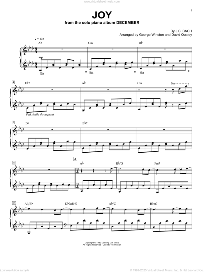 Joy, (intermediate) sheet music for piano solo by George Winston and David Qualey, intermediate skill level