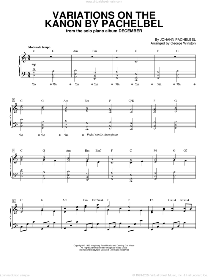 Variations On The Kanon By Pachelbel, (intermediate) sheet music for piano solo by George Winston and Johann Pachelbel, classical score, intermediate skill level