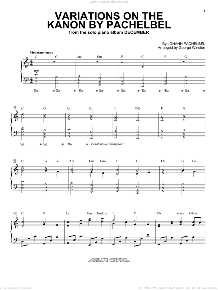 Variations On The Kanon By Pachelbel, (intermediate) sheet music for piano solo by George Winston and Johann Pachelbel, classical score, intermediate skill level