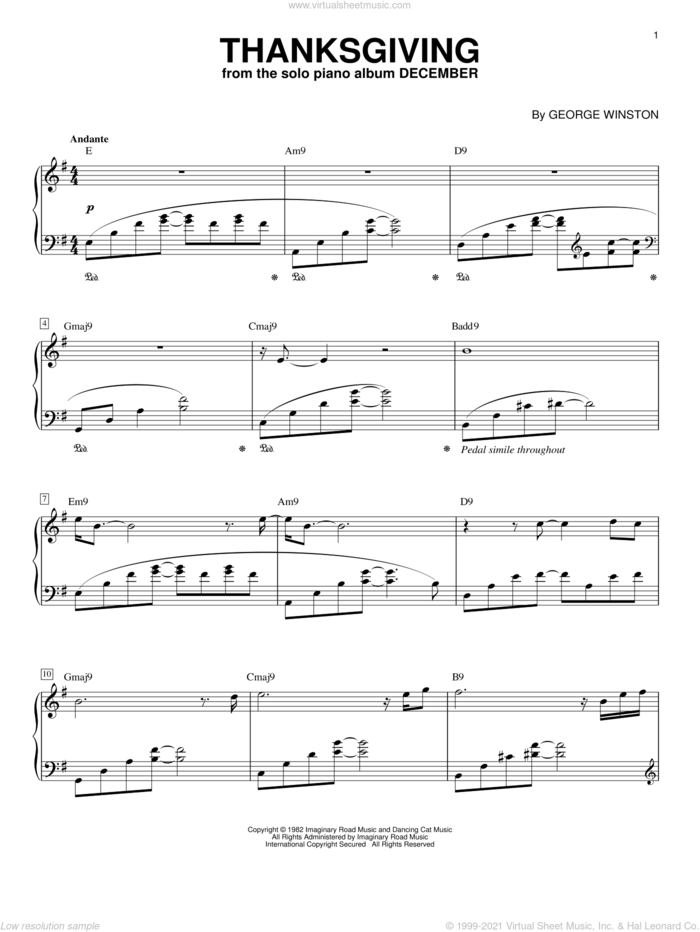 Thanksgiving sheet music for piano solo by George Winston, intermediate skill level