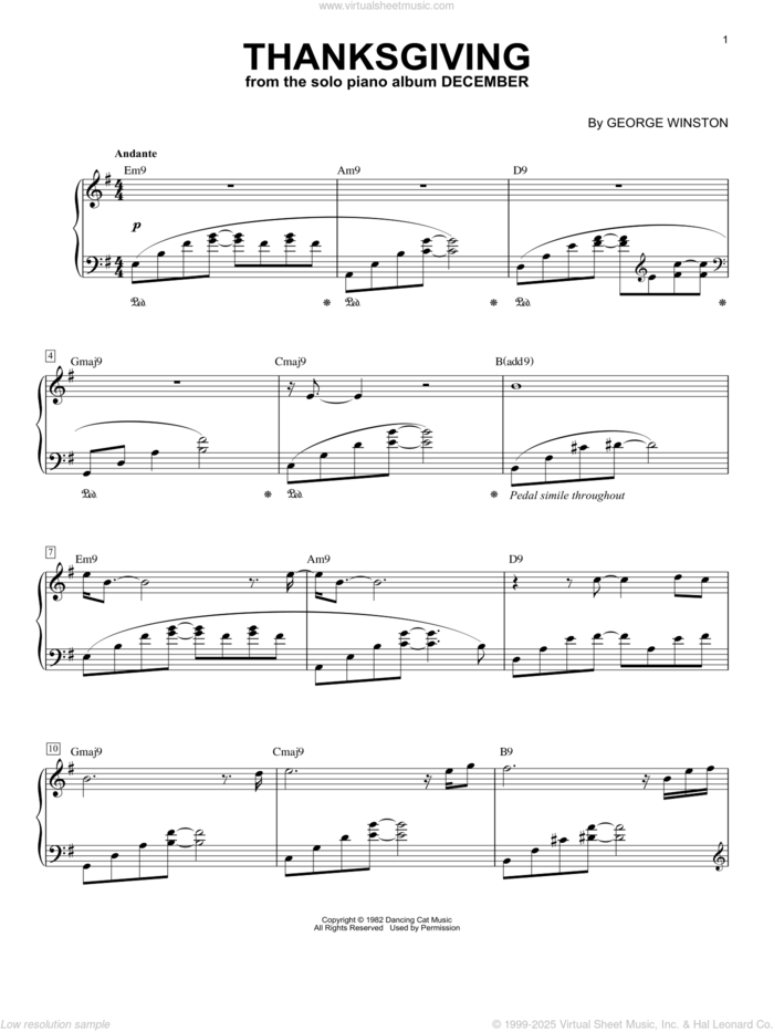 Thanksgiving, (intermediate) sheet music for piano solo by George Winston, intermediate skill level