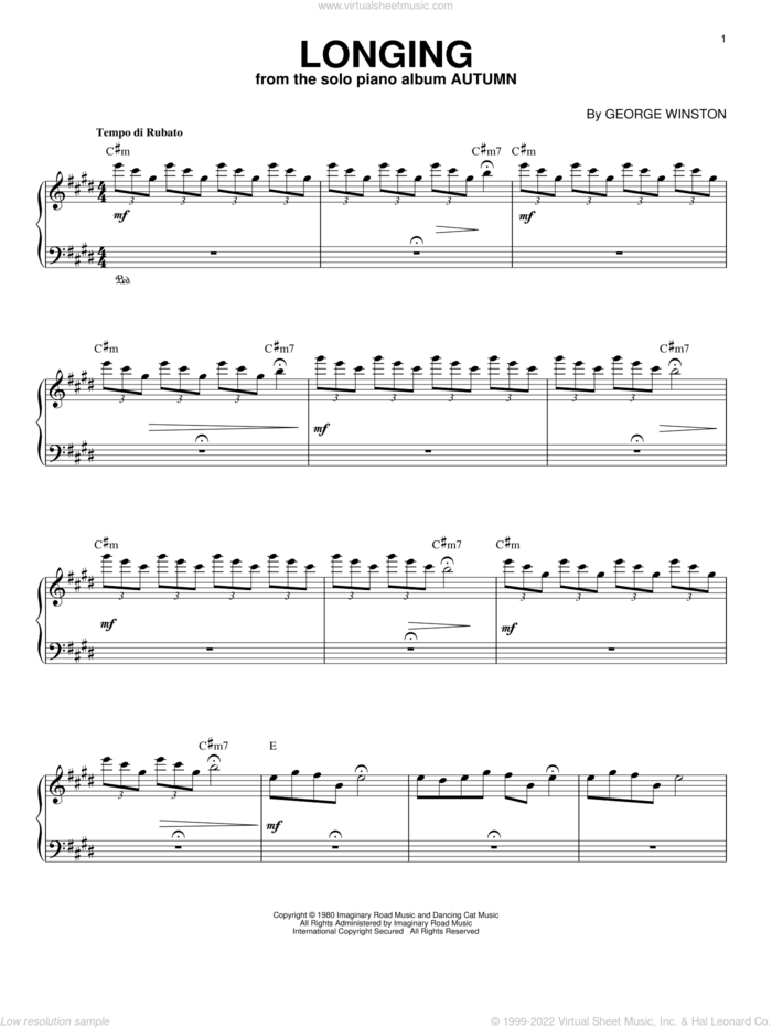 Longing sheet music for piano solo by George Winston, intermediate skill level