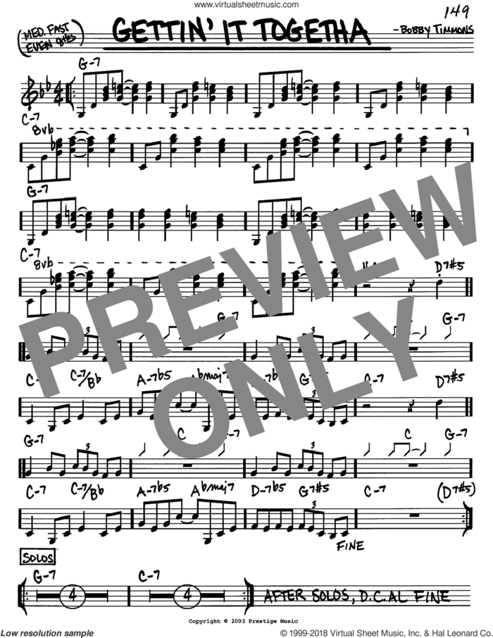 Gettin' It Togetha sheet music for voice and other instruments (in C) by Bobby Timmons, intermediate skill level