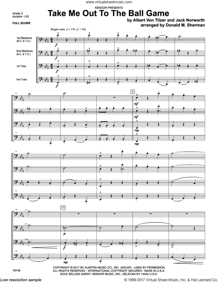 Take Me Out To The Ball Game (COMPLETE) sheet music for brass ensemble by Donald M. Sherman and Von Tilzer & Norworth, intermediate skill level