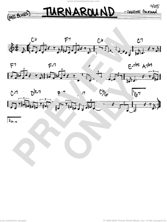 Turnaround sheet music for voice and other instruments (in C) by Ornette Coleman, intermediate skill level