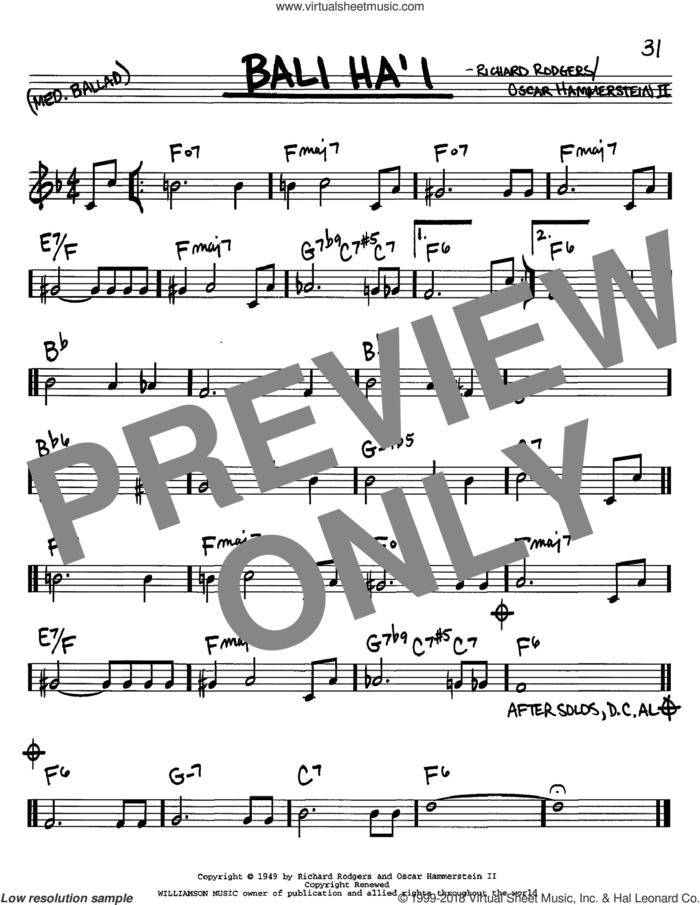 Bali Ha'i sheet music for voice and other instruments (in C) by Rodgers & Hammerstein, Oscar II Hammerstein and Richard Rodgers, intermediate skill level