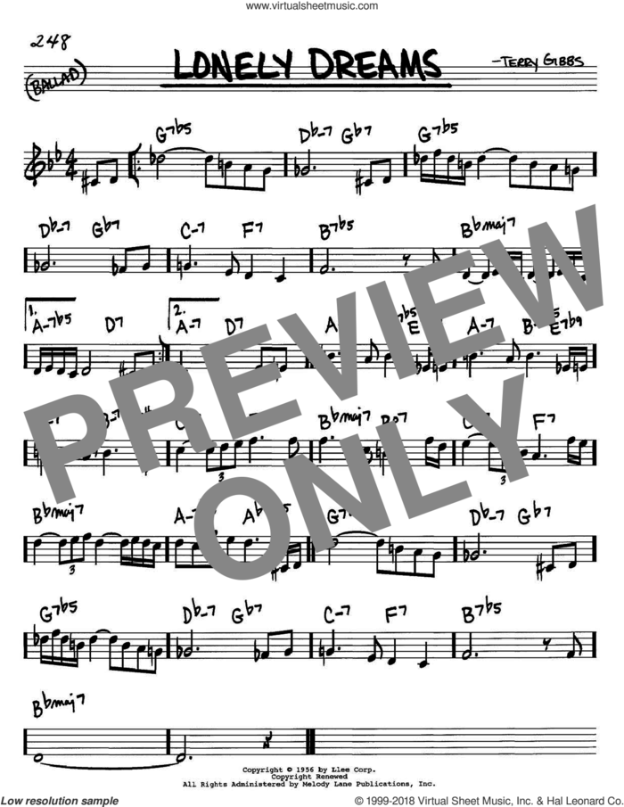 Lonely Dreams sheet music for voice and other instruments (in C) by Terry Gibbs, intermediate skill level