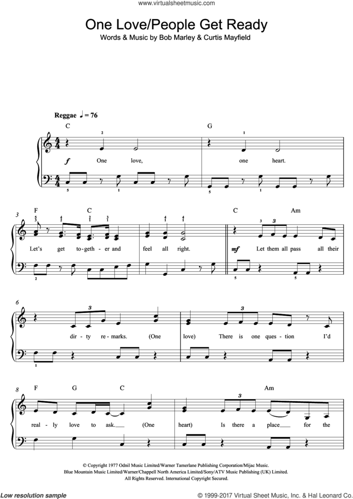 One Love/People Get Ready sheet music for piano solo (beginners) by Bob Marley and Curtis Mayfield, beginner piano (beginners)