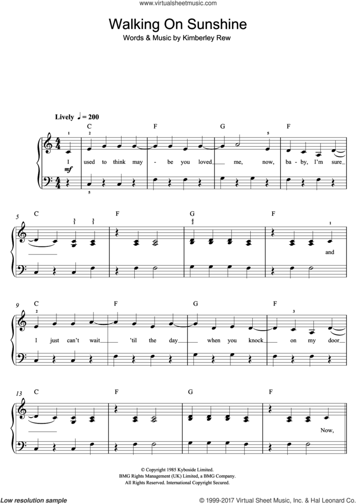Walking On Sunshine sheet music for piano solo (beginners) by Katrina And The Waves and Kimberley Rew, beginner piano (beginners)
