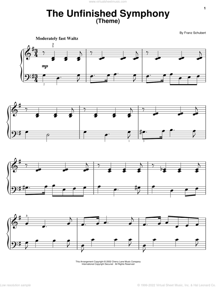 The Unfinished Symphony (Theme), (easy) sheet music for piano solo by Franz Schubert, classical score, easy skill level
