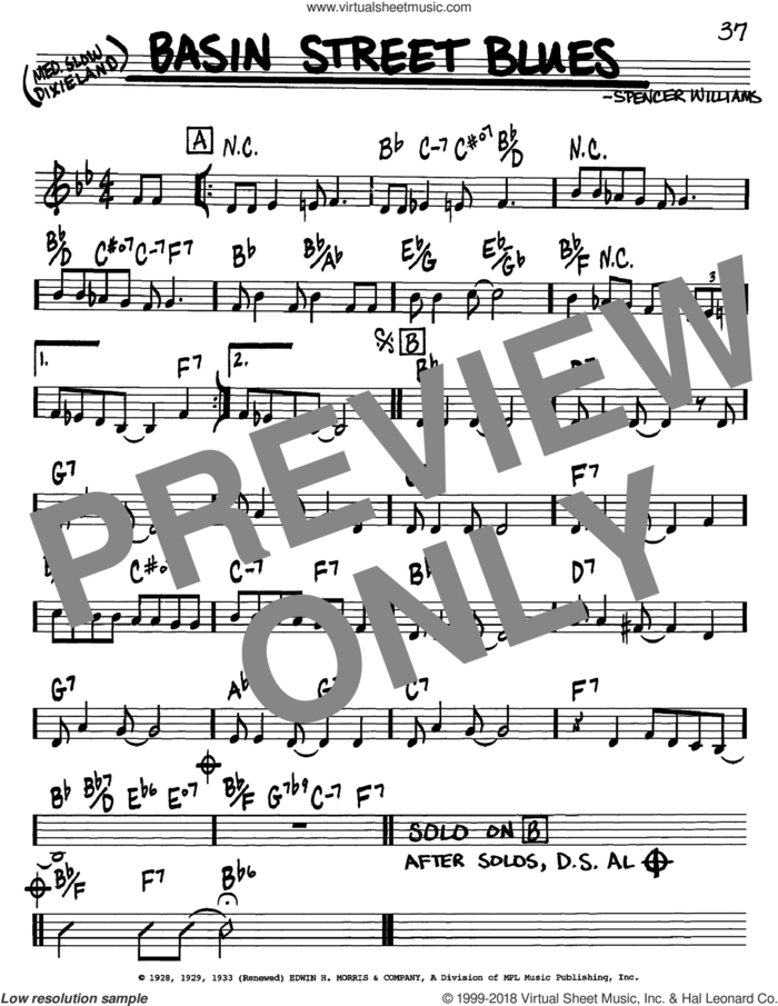 Basin Street Blues sheet music for voice and other instruments (in C) by Louis Armstrong and Spencer Williams, intermediate skill level