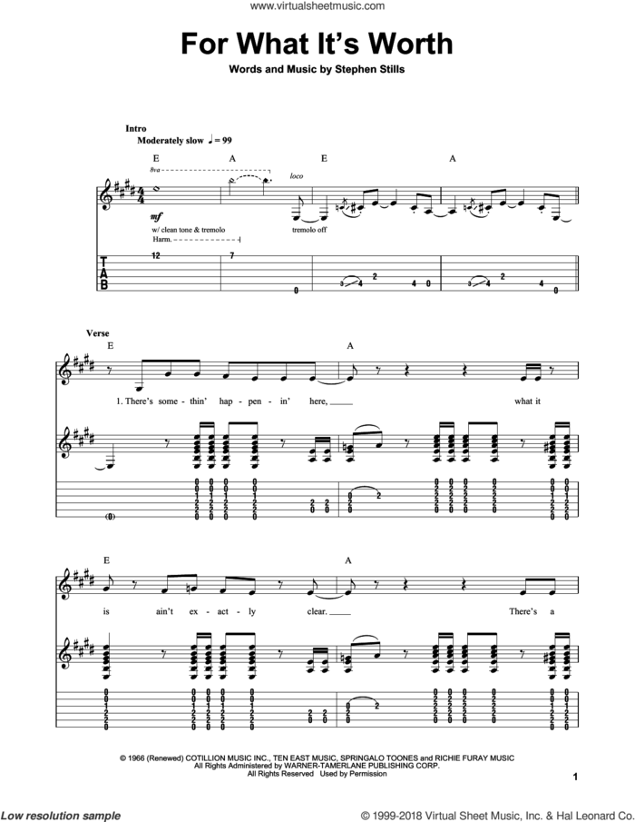 For What It's Worth sheet music for guitar (tablature, play-along) by Buffalo Springfield and Stephen Stills, intermediate skill level