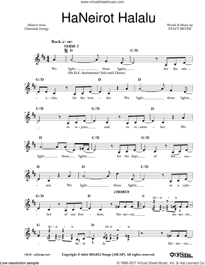 Haneirot Halalu sheet music for voice and other instruments (fake book) by Stacy Beyer, intermediate skill level