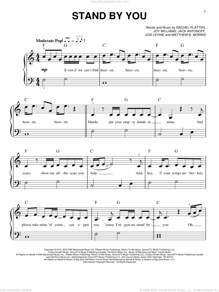 Stand By You sheet music for piano solo by Rachel Platten, Jack Antonoff, Jon Levine, Joy Williams and Matthew Morris, wedding score, easy skill level