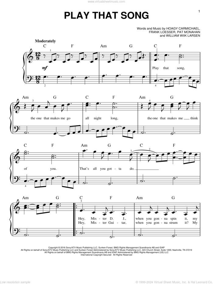 Play That Song sheet music for piano solo by Train, Frank Loesser, Hoagy Carmichael, Pat Monahan and William Larsen, easy skill level