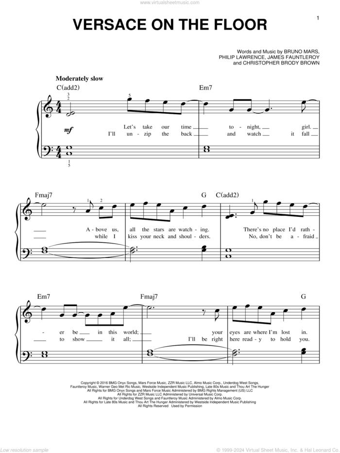 Versace On The Floor sheet music for piano solo by Bruno Mars, Christopher Brody Brown, James Fauntleroy and Philip Lawrence, easy skill level