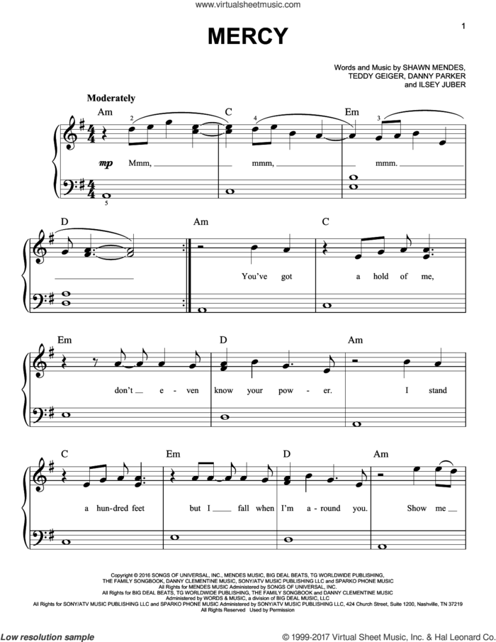 Mercy sheet music for piano solo by Shawn Mendes, Danny Parker, Ilsey Juber and Teddy Geiger, easy skill level