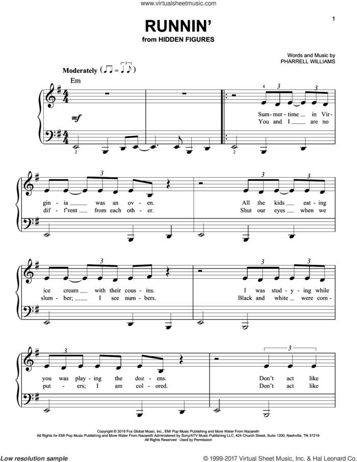 Runnin' sheet music for piano solo by Pharrell Williams, easy skill level