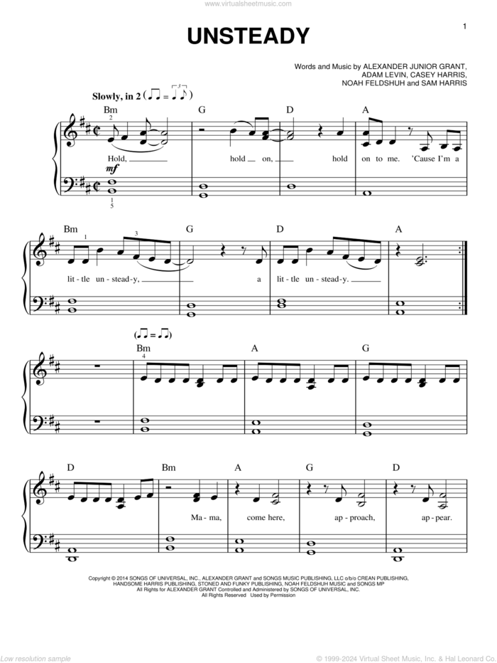 Unsteady sheet music for piano solo by X Ambassadors, Adam Levin, Alexander Junior Grant, Casey Harris, Noah Feldshuh and Samuel Harris, easy skill level