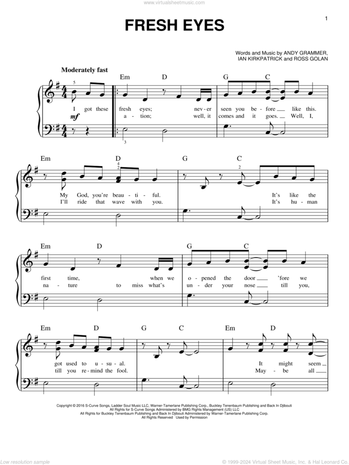 Fresh Eyes sheet music for piano solo by Andy Grammer, Ian Kirkpatrick and Ross Golan, easy skill level