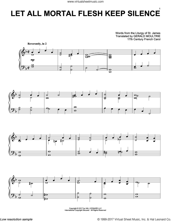 Let All Mortal Flesh Keep Silence, (intermediate) sheet music for piano solo by Anonymous, Miscellaneous, Gerard Moultrie and Liturgy Of St. James, intermediate skill level